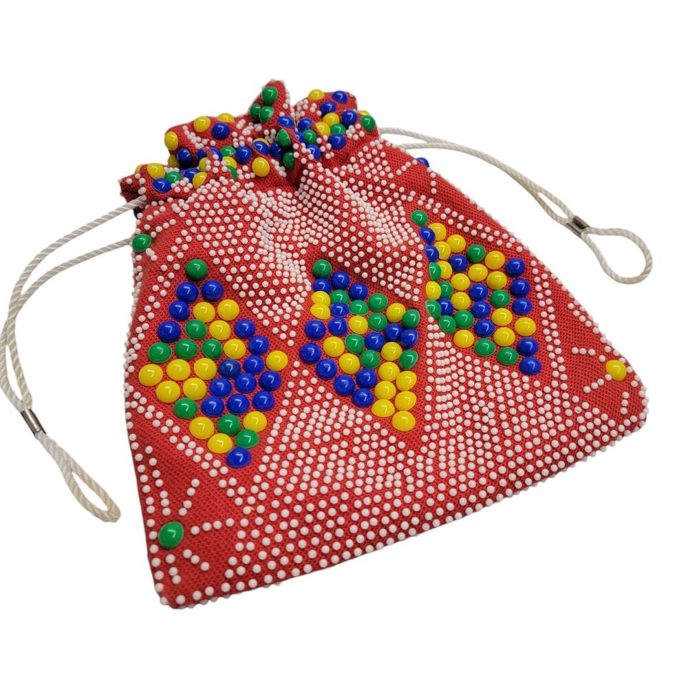 Vintage Beaded Drawstring Bag Red White Geometric Seed Bead Pouch Purse 60s
